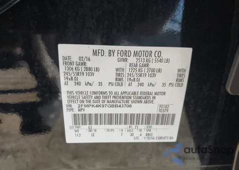 2016 Ford Edge Titanium z USA, uszkodzony, nr VIN 2FMPK4K97GBB43706